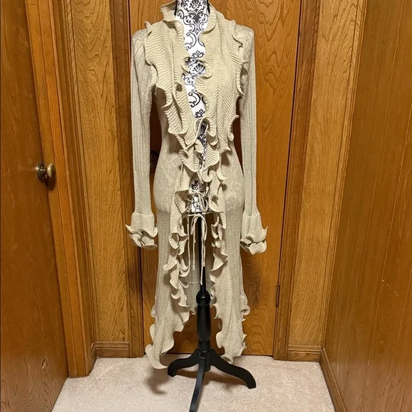 Boston Proper Tan Waterfall Ruffled Longline Cardigan with Ties Lightweight Med - Picture 2 of 11